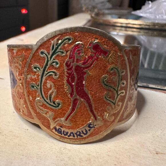 Vintage Brass Hand Painted AQUARIUS Zodiac Astrology Cuff Bracelet - Picture 1 of 8